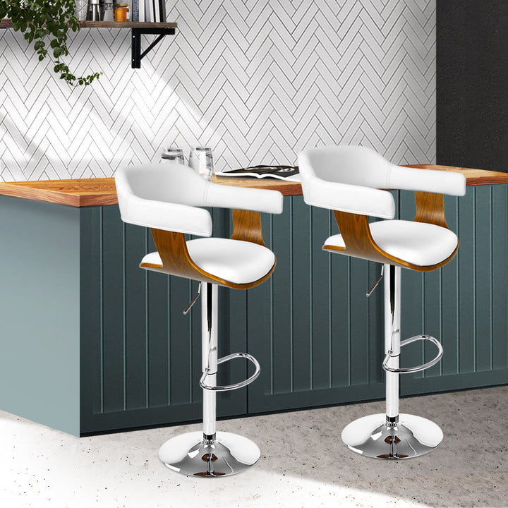 Coastal Charm 2x Bar Stools Gas Lift Leather w/Armrest White