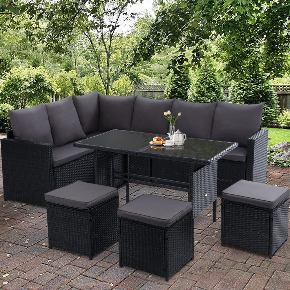 9 Seate Outdoor Furniture Dining Setting Sofa Set Lounge Wicker  Black
