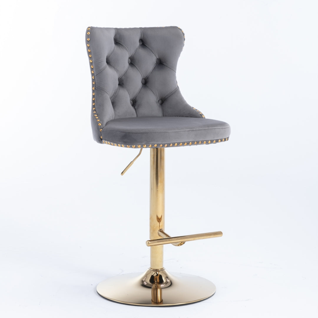 2x Height Adjustable Swivel Bar Stool with Footrest and Golden Base- Grey
