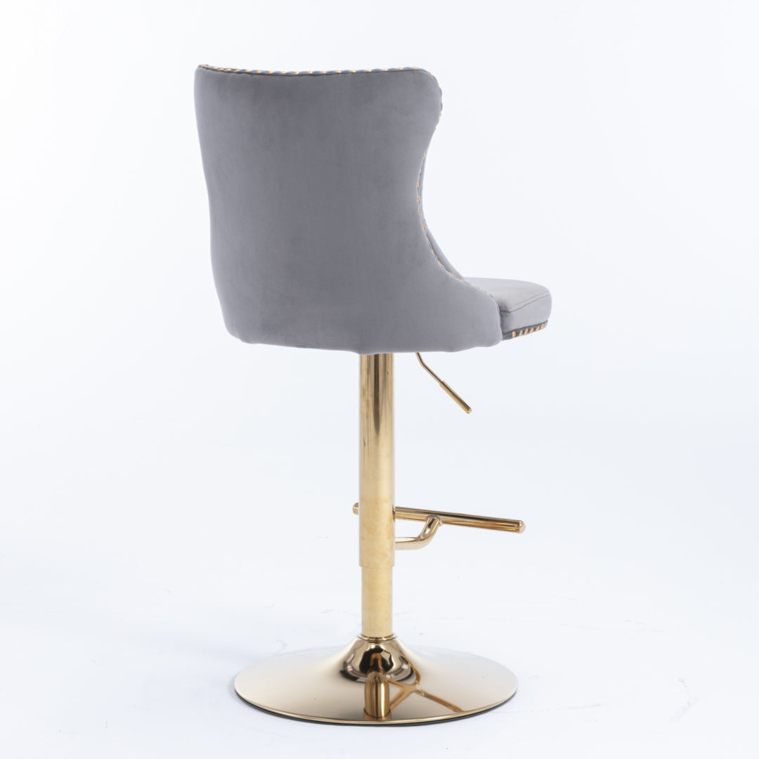 2x Height Adjustable Swivel Bar Stool with Footrest and Golden Base- Grey
